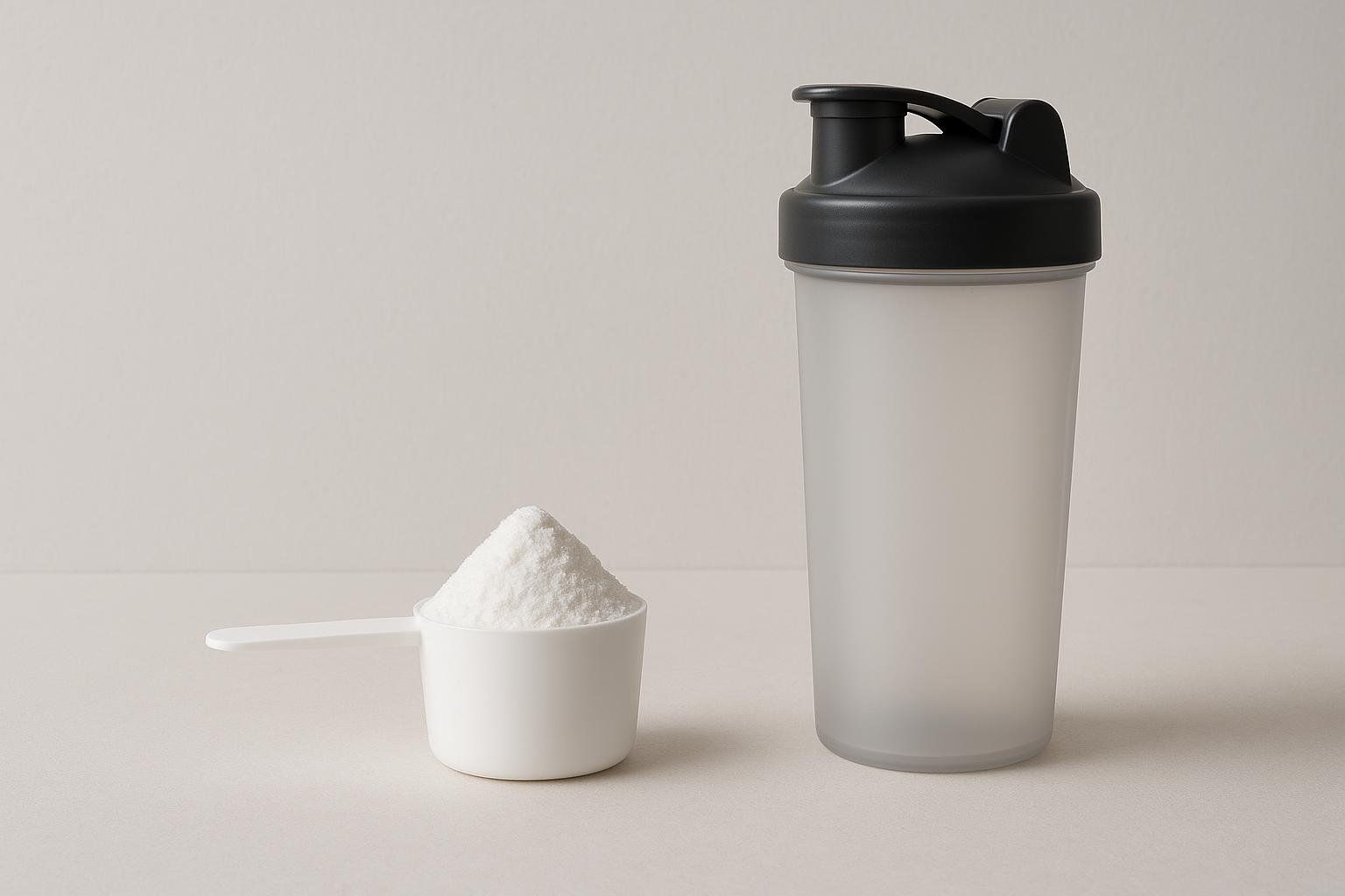 A white scoop overflowing with creatine powder stands next to a clear frosted protein shaker bottle with a black lid, set against a plain light background.