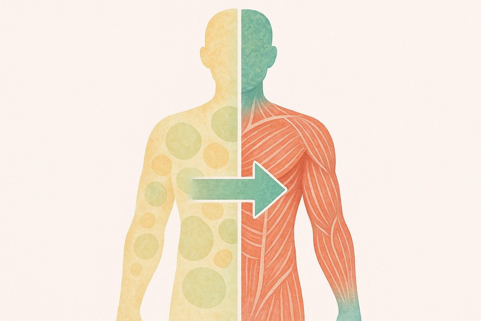 An abstract illustration depicting a human body silhouette split vertically. The left side, in shades of yellow and green with circular patterns, represents body fat. The right side, in shades of red and blue with striated patterns, represents lean muscle. A teal green arrow points from the 'fat' side to the 'muscle' side, symbolizing a positive body composition transformation.