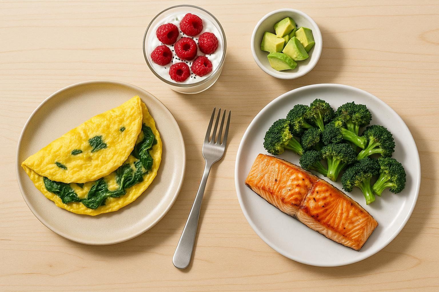 Flat lay an entire day's sample keto meals: omelet, yogurt parfait, and salmon with broccoli.