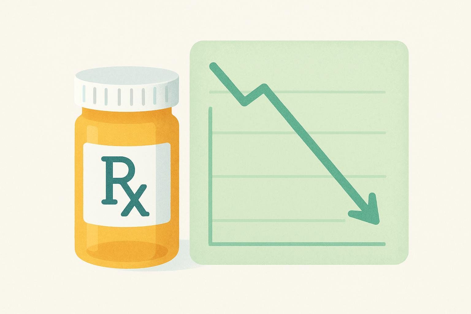 An illustration of a prescription bottle with an 'Rx' symbol next to a green graph showing a declining line, indicating a decrease or loss.