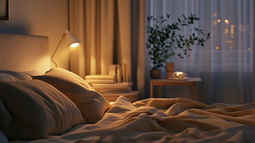 A cozy bedroom scene at night with a lamp illuminating the bed, a stack of books on a nightstand, and a plant on a table near a window showing blurred city lights.