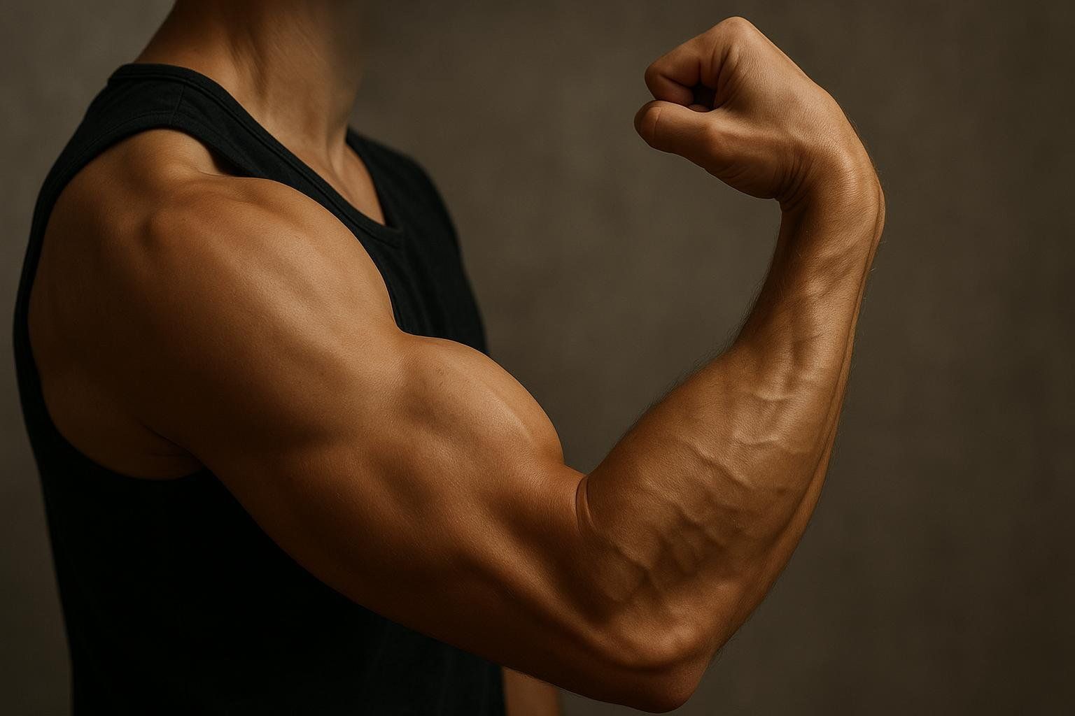 Close-up of a person with a toned, muscular arm, flexing their bicep with prominent veins in their forearm, wearing a black tank top.
