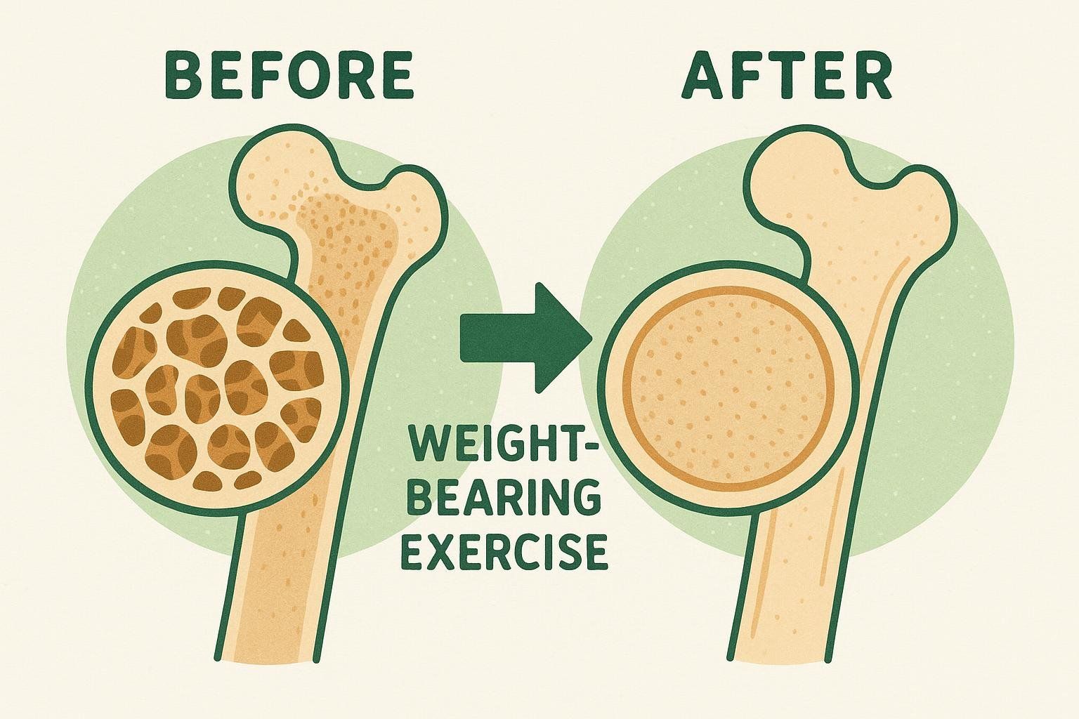 Illustration comparing bone density before and after weight-bearing exercise, showing a significant increase in density in the 'after' image.