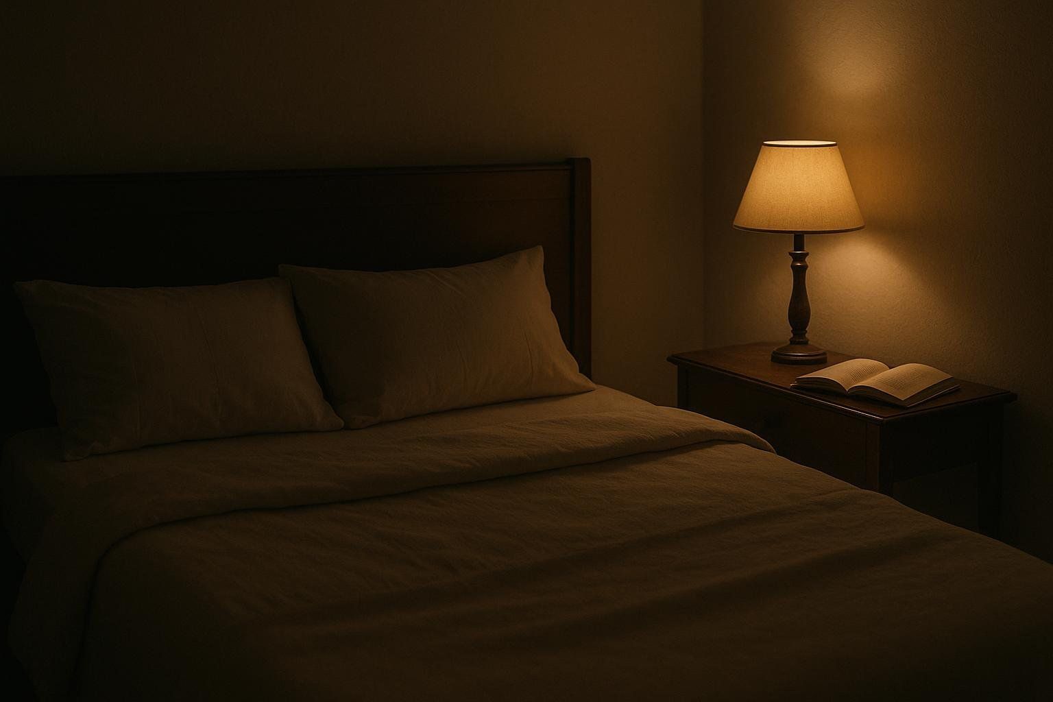 A cozy bedroom at night with a bedside lamp illuminating a book on a nightstand beside a bed with pillows and duvet.