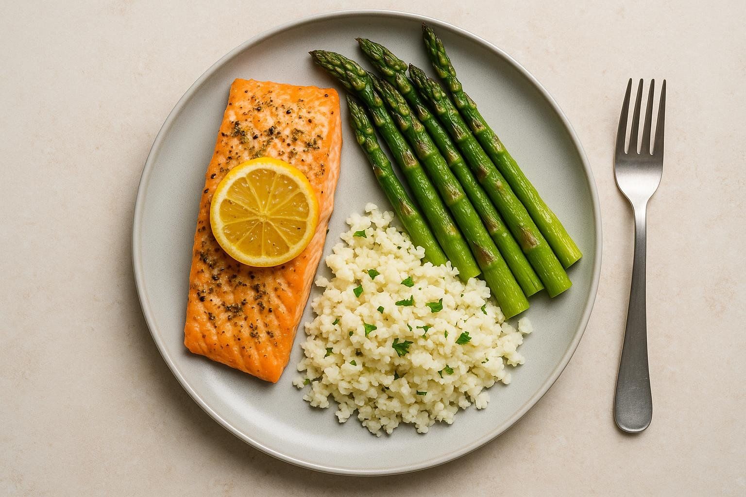 A plate of baked salmon with a lemon slice, a serving of bright green asparagus spears, and a portion of white cauliflower rice with specks of parsley. A silver fork is placed next to the plate.