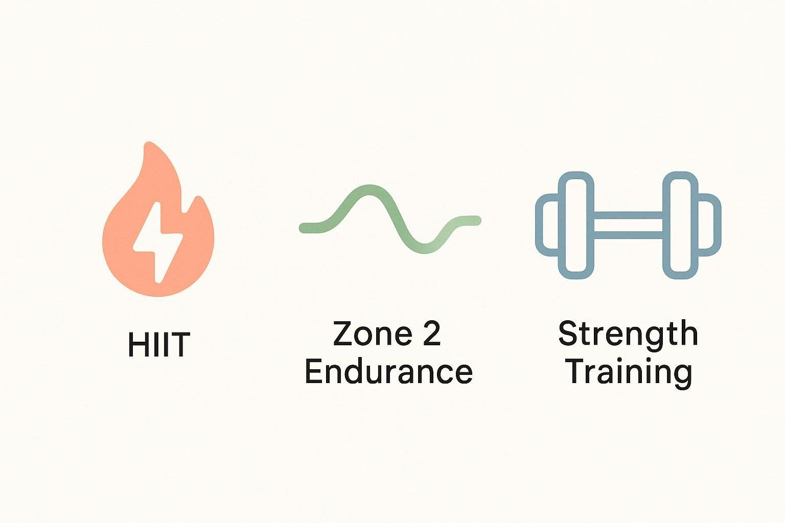 Icons for HIIT, Zone 2 Endurance, and Strength Training activities, relevant to VO2 max.