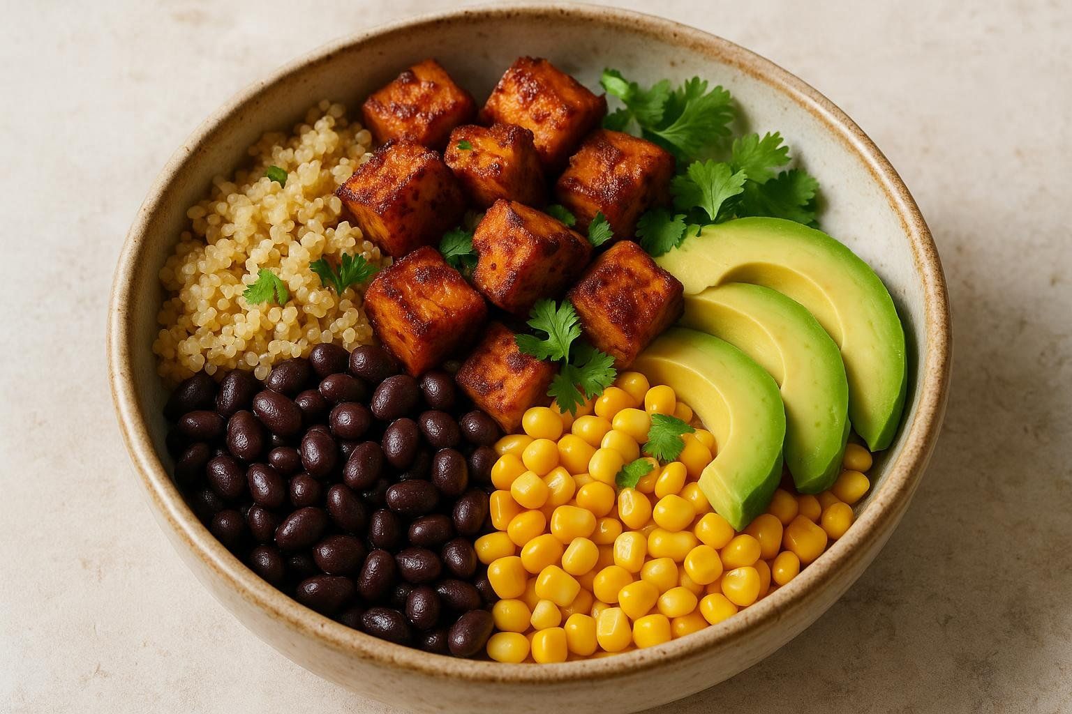 A delicious-looking Smoky Tempeh & Quinoa Power Bowl, a high-protein vegan meal from the article.