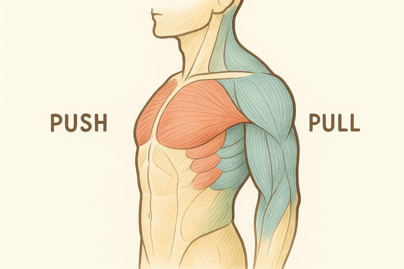 Anatomical illustration showing the 'push' muscles of the chest and 'pull' muscles of the back to emphasize balance.