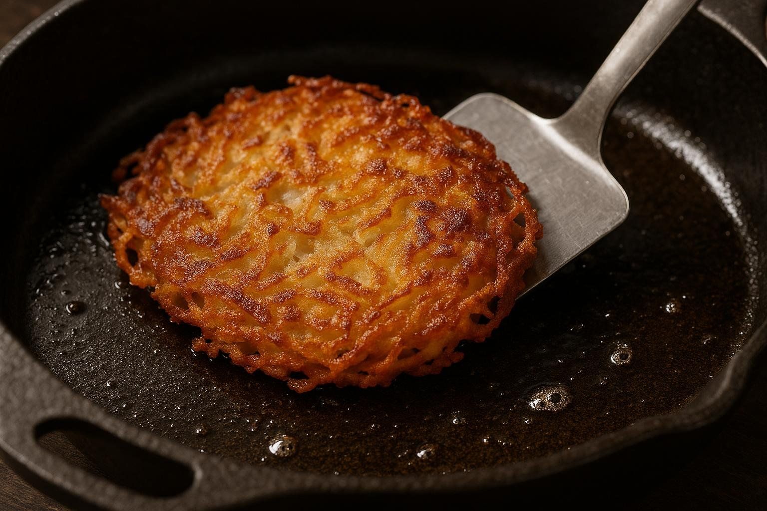 A close-up of a golden-brown, crispy hash brown in a black cast iron skillet, being lifted slightly by a metal spatula. The skillet contains hot oil with visible bubbles.