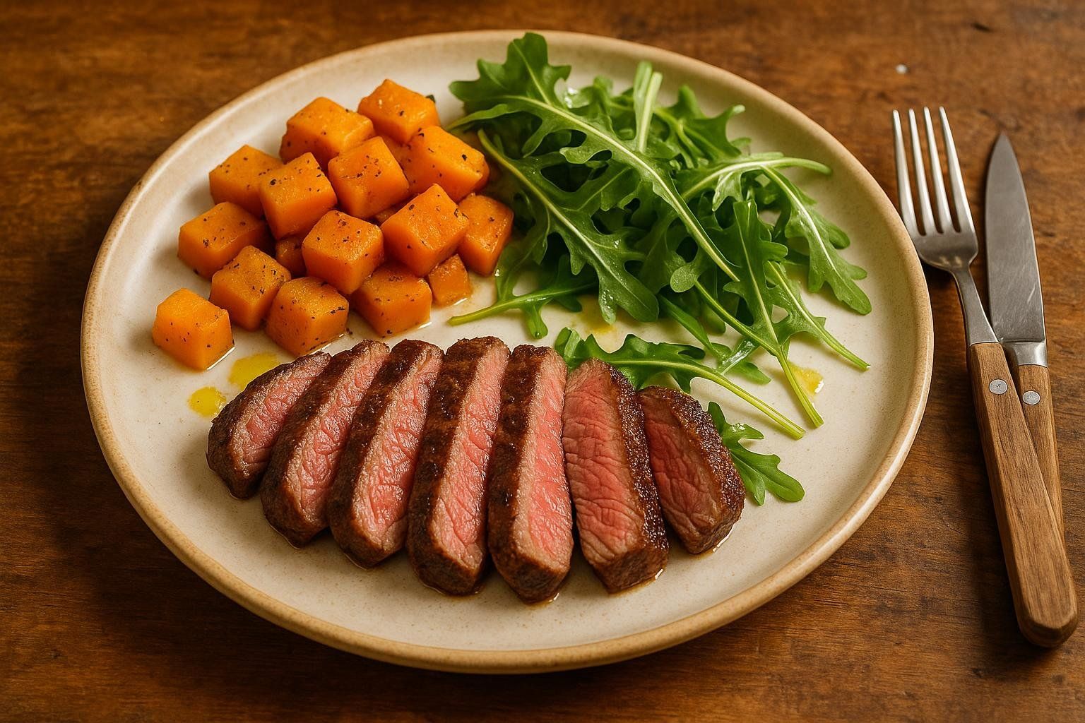 A performance-focused Paleo meal of steak, roasted squash, and salad, designed for active individuals.