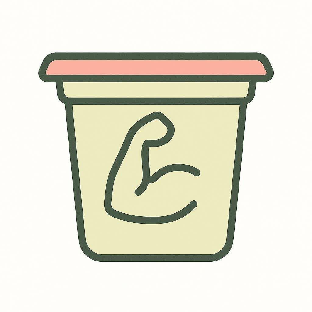 A simple icon of a yogurt cup with a dumbbell symbol, representing high-protein yogurt for fitness.