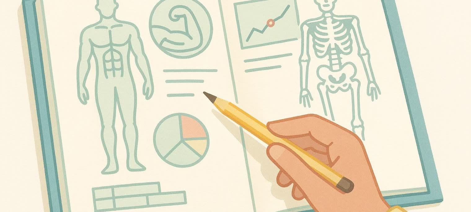 Illustration of a fitness playbook with anatomical sketches and charts, representing a scientific approach to achieving health and fitness.
