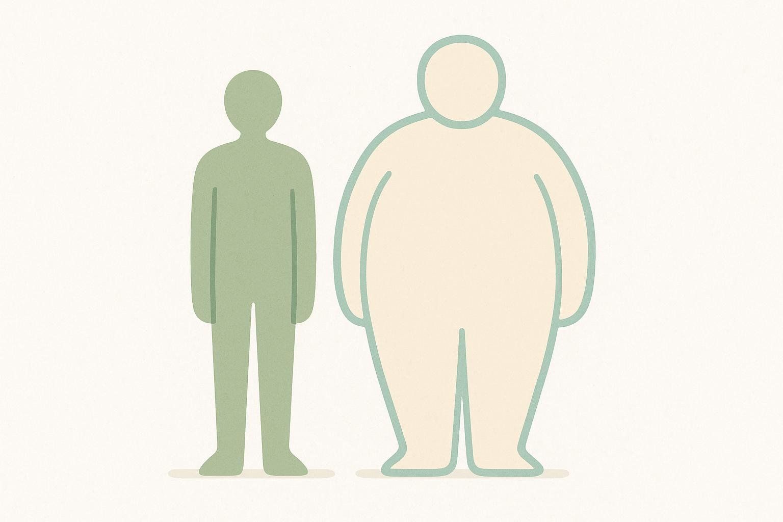 An illustration showing two stylized human figures. On the left is a slender, green figure. On the right is a much larger, light-colored figure with a light blue outline, representing an individual with obesity. This graphic visually demonstrates different body sizes, relevant to BMI qualifications for treatments like phentermine.