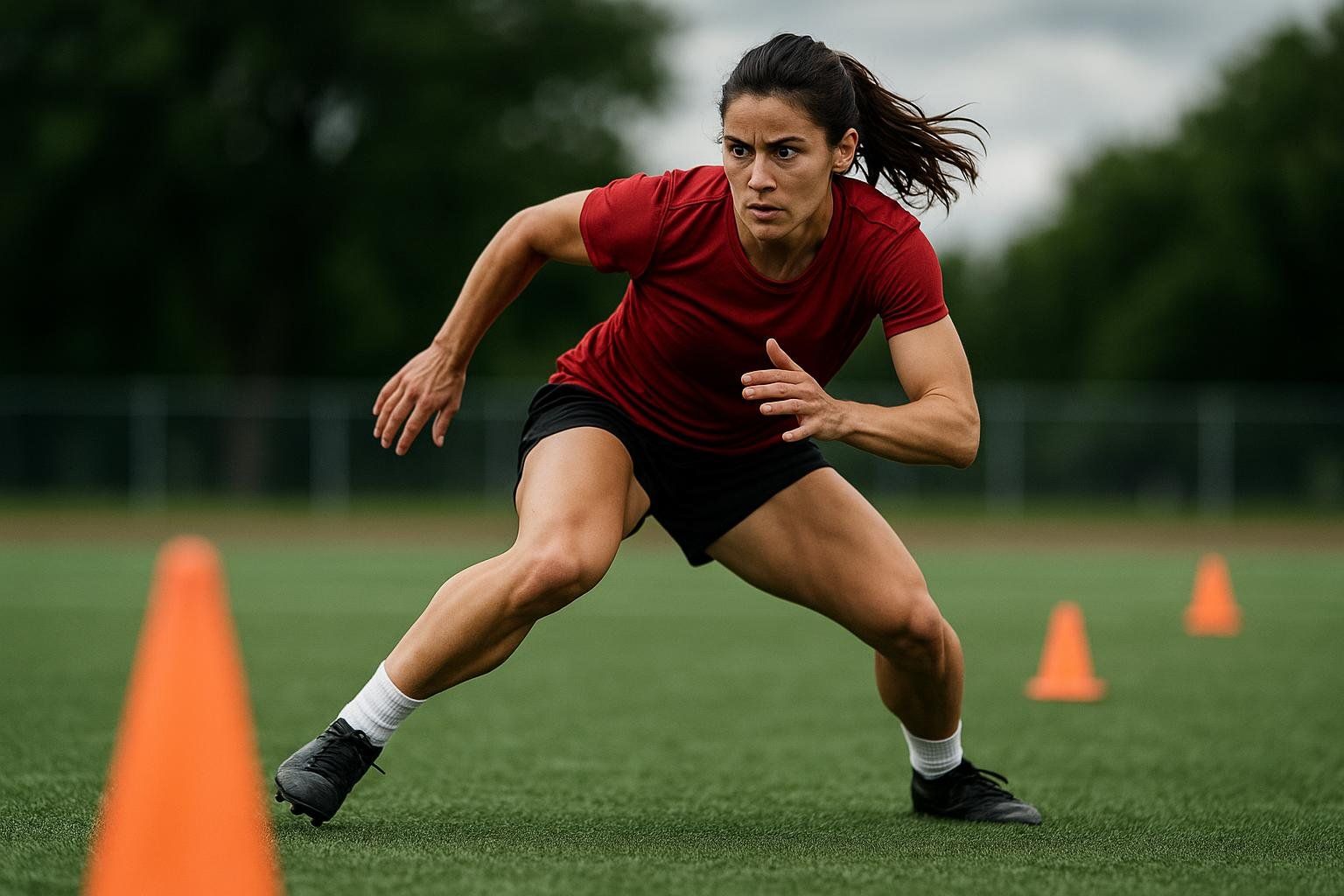 A female soccer player in a red shirt and black shorts performing a lateral shuffle drill on a green turf field, with orange cones visible. She is in a low stance, looking intently forward, demonstrating agility training.