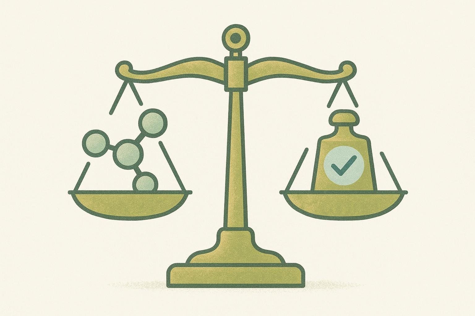 An icon of a balance scale with a molecule on the left pan and a weight with a checkmark on the right pan, perfectly balanced, symbolizing mass spectrometry identity verification.