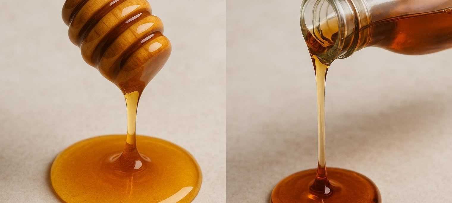 Split view comparison of honey drizzling from a dipper and agave syrup pouring from a bottle.
