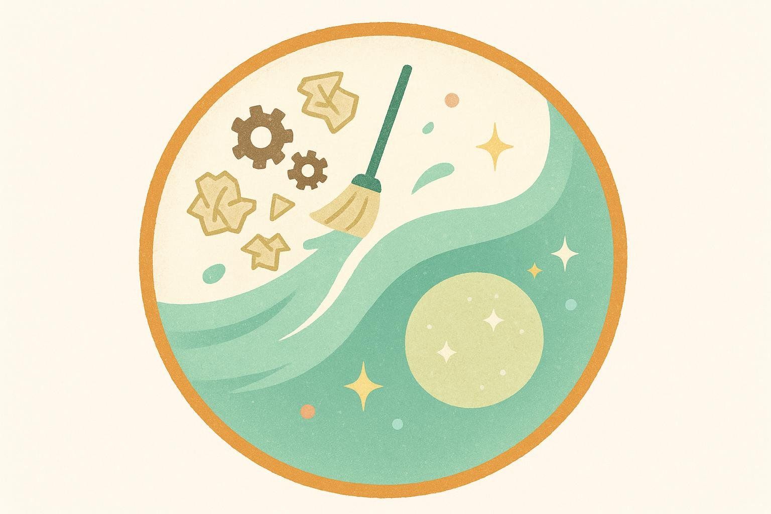 An abstract illustration depicting the process of autophagy, where a broom sweeps away waste particles like gears and crumpled paper, symbolizing a cell's internal cleansing and renewal. The image features a light teal wave-like shape, a light yellow circle, and sparkling stars, all contained within a circular orange border.