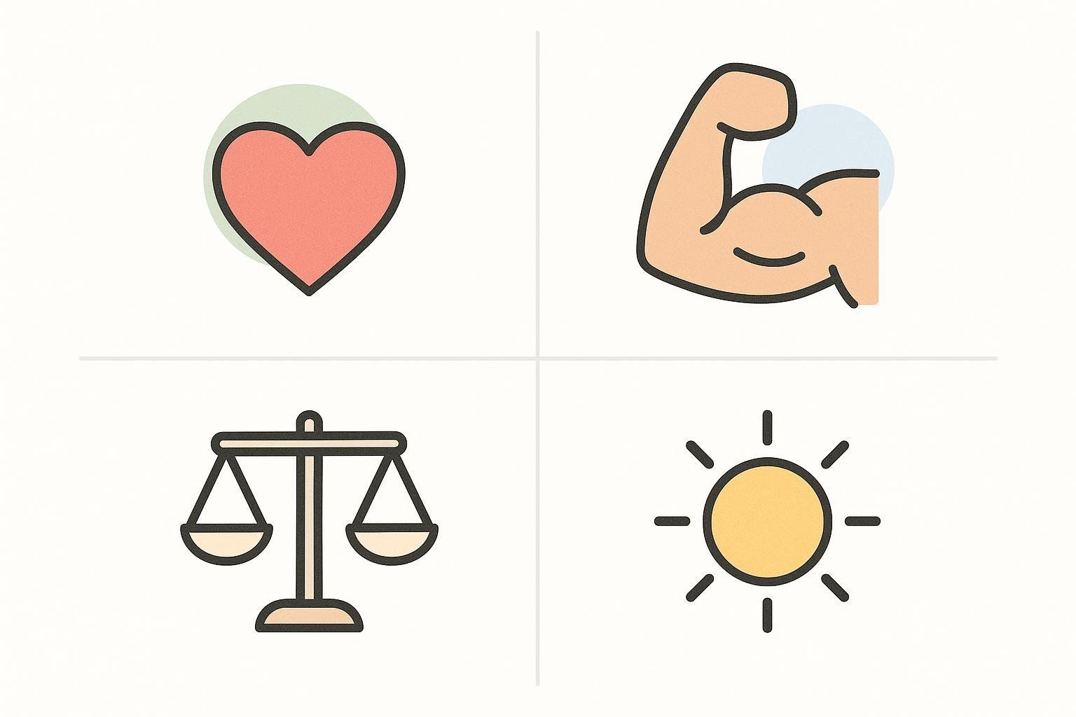 A set of four icons representing the key benefits of Nordic walking: improved heart health, muscle engagement, stability, and mood.