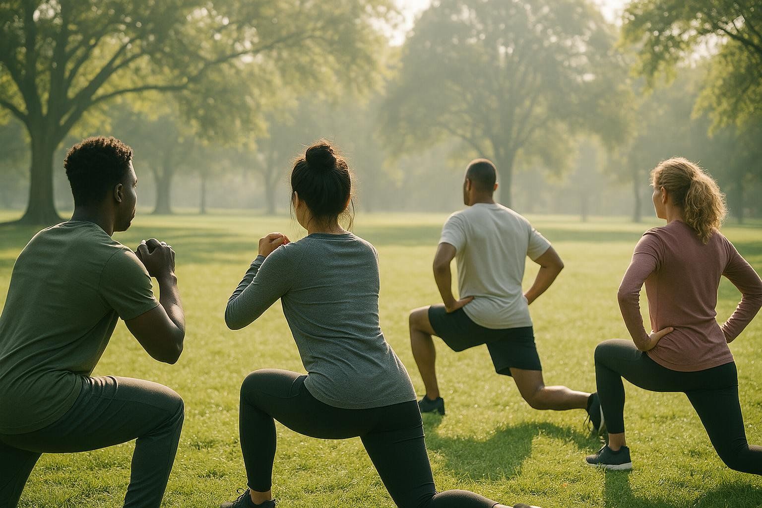 Silhouettes of people exercising outdoors, representing the importance of functional movement and muscle for healthspan.