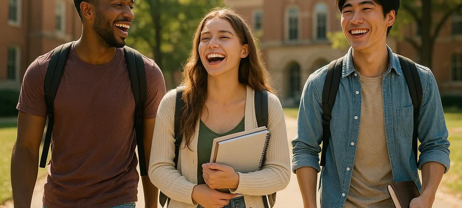 Three diverse college students, two men and one woman, laughing joyfully as they walk together on a sunny university campus, carrying backpacks and books.
