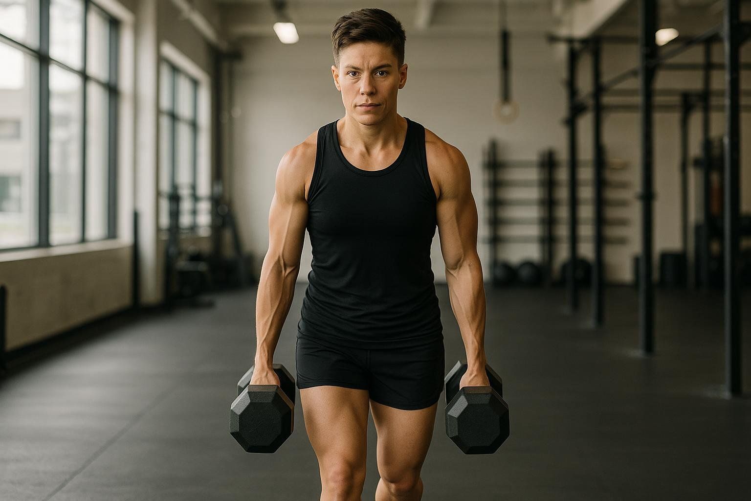 A strong female athlete with short dark hair performs a farmer's walk in a gym, holding heavy black dumbbells in each hand. She wears a black tank top and black shorts, and her muscular arms are visible.