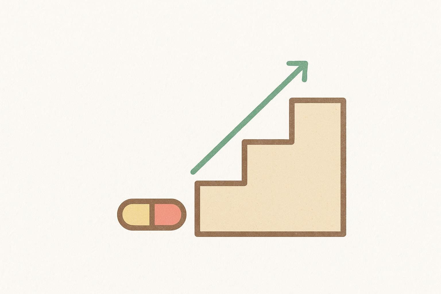 An illustration of a capsule next to a beige staircase with a green arrow pointing up the stairs, symbolizing a 'start low, go slow' dosing strategy for Topiramate.