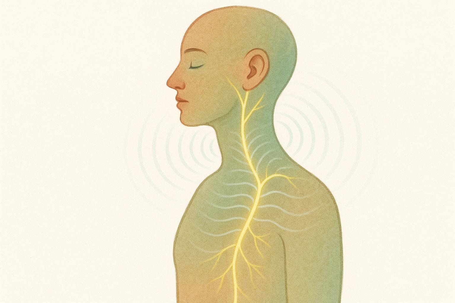 Illustration of a person's side profile with eyes closed, showing the vagus nerve highlighted in yellow extending down their torso. Gentle ripple lines emanate from behind their head, symbolizing stimulation or activation.