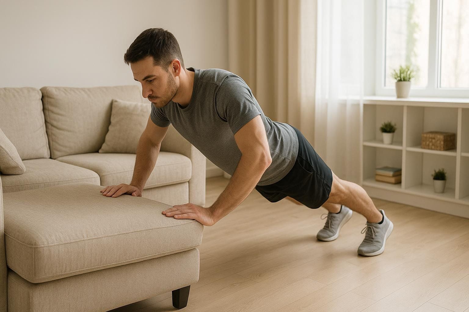 A man doing incline push-ups on a couch at home, demonstrating an accessible beginner exercise.