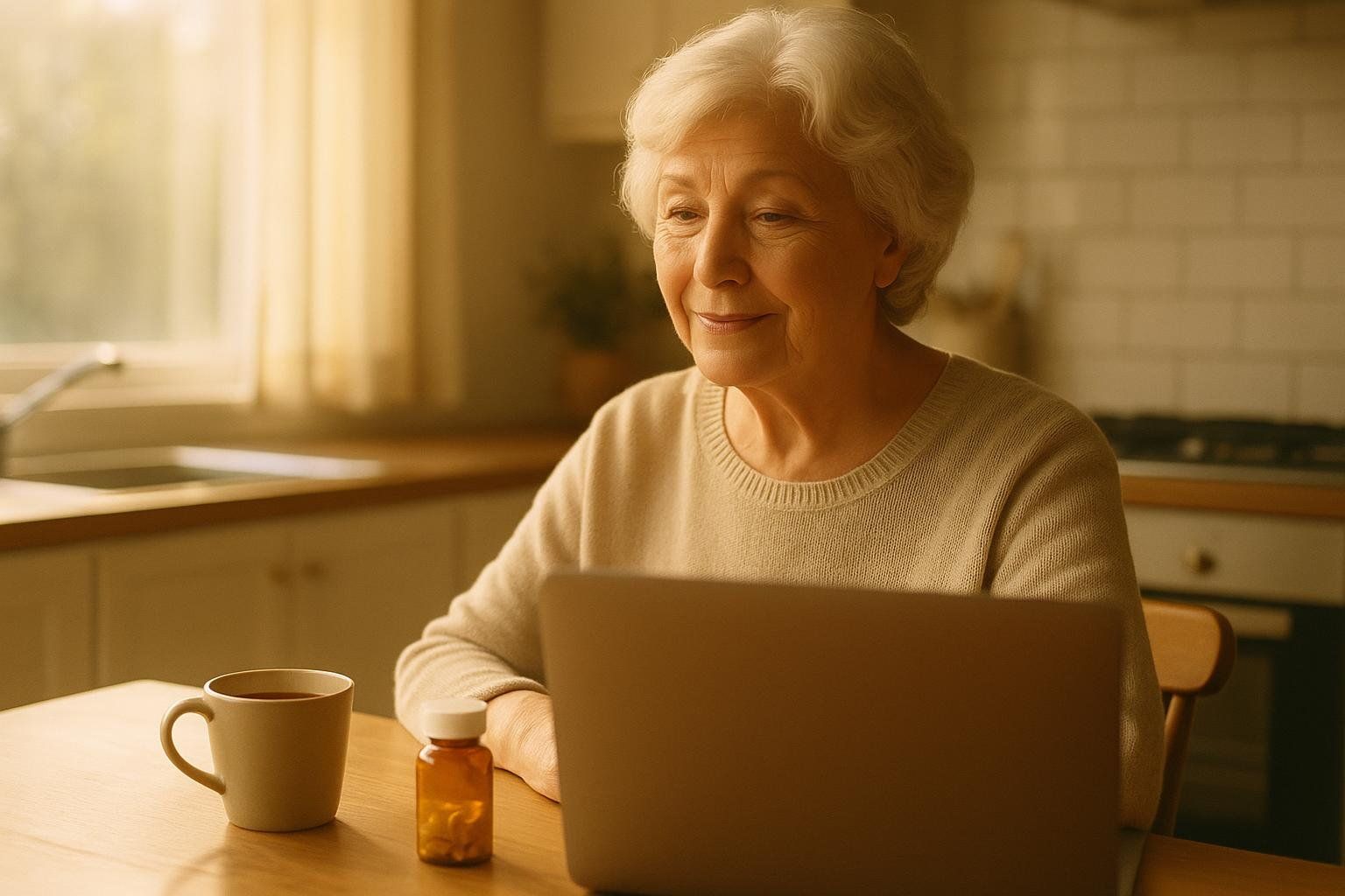 A senior woman with short white hair smiles faintly as she looks at a laptop screen. On the table next to her are a mug and a pill bottle. The scene takes place in a warm, domestic kitchen setting with a window in the background.