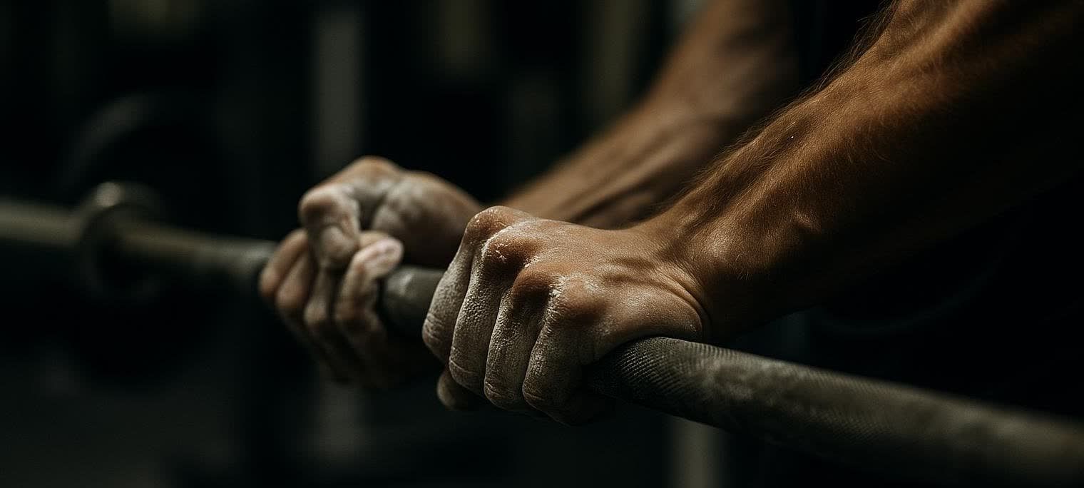 A close-up photograph of muscular, chalk-covered hands gripping a barbell tightly, highlighting the forearm muscles.