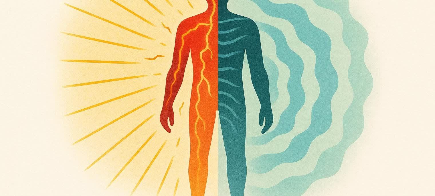 An abstract illustration depicting hyperthyroidism and hypothyroidism. One side of a human silhouette is vibrant orange with radiating lines, symbolizing high energy. The other side is cool blue with wavy lines, representing low energy.