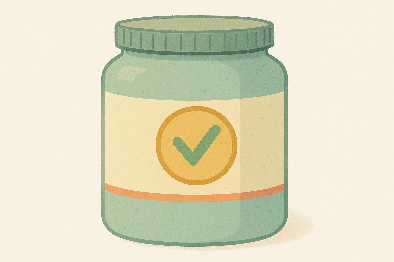 An illustration of a light green protein powder container with a cylindrical shape and a ribbed lid. The label on the container is beige and features a circular golden seal with a dark green checkmark in the center.