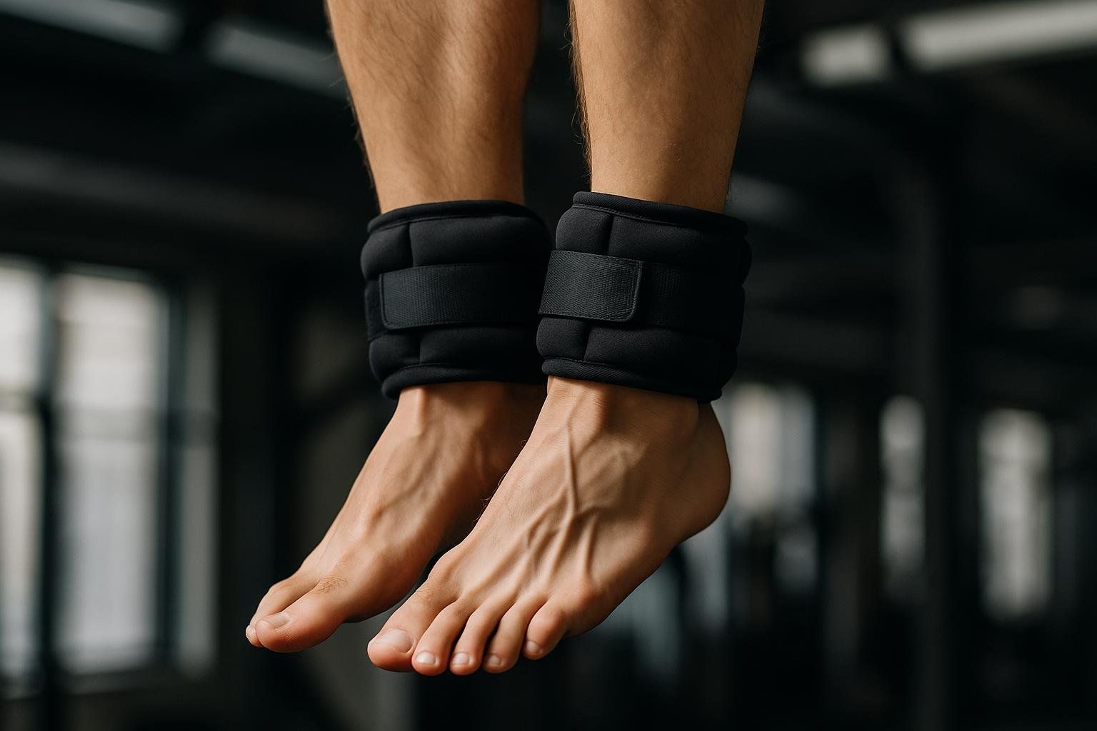 Close-up of a person's bare feet and lower shins, with black ankle weights secured around each ankle. The background is dark and out of focus, likely in a gym setting.