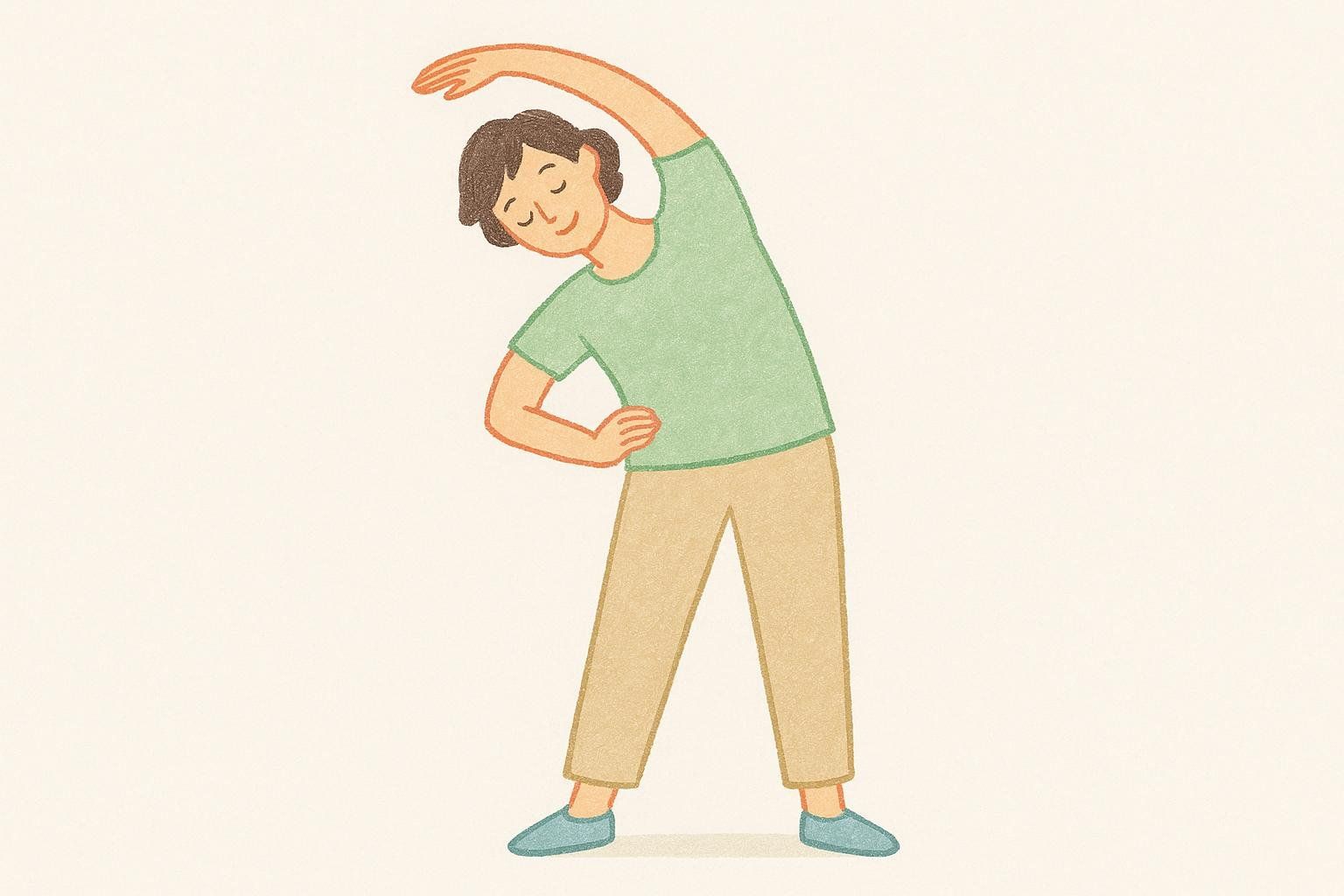An illustration of a person doing a light side bend stretch, representing gentle movement.