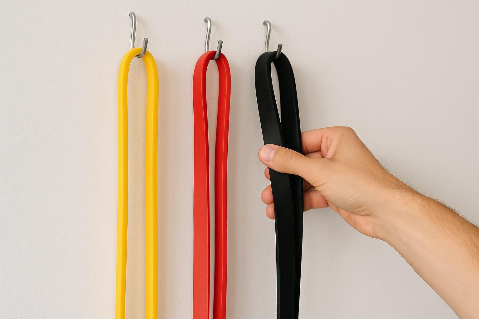A hand choosing a black resistance band from a set of yellow, red, and black bands hanging on a white wall, symbolizing workout progression.