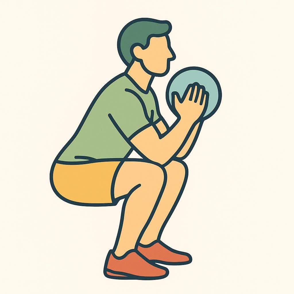 A vector icon depicting a person performing a goblet squat while holding a medicine ball.
