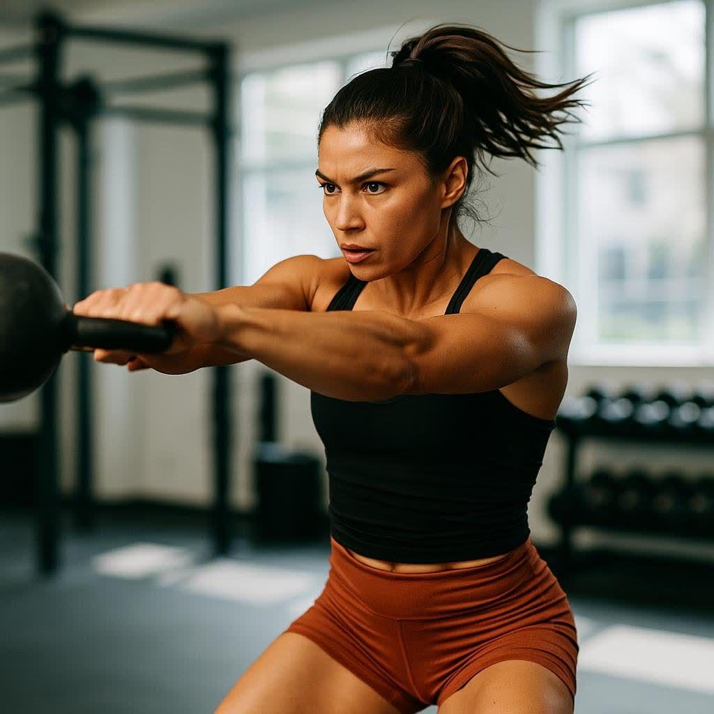 A focused woman with her hair in a ponytail performs a dynamic kettlebell swing in a modern gym, showcasing her muscular arms and intense concentration.