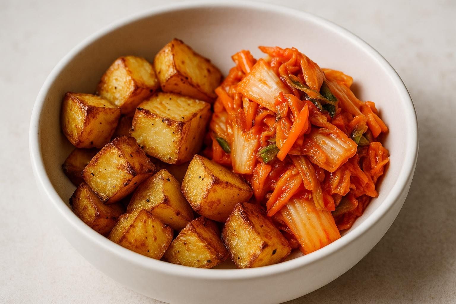 A close-up photo in a white bowl shows golden brown roasted potato cubes on the left and bright orange kimchi, made from napa cabbage and carrots, on the right.