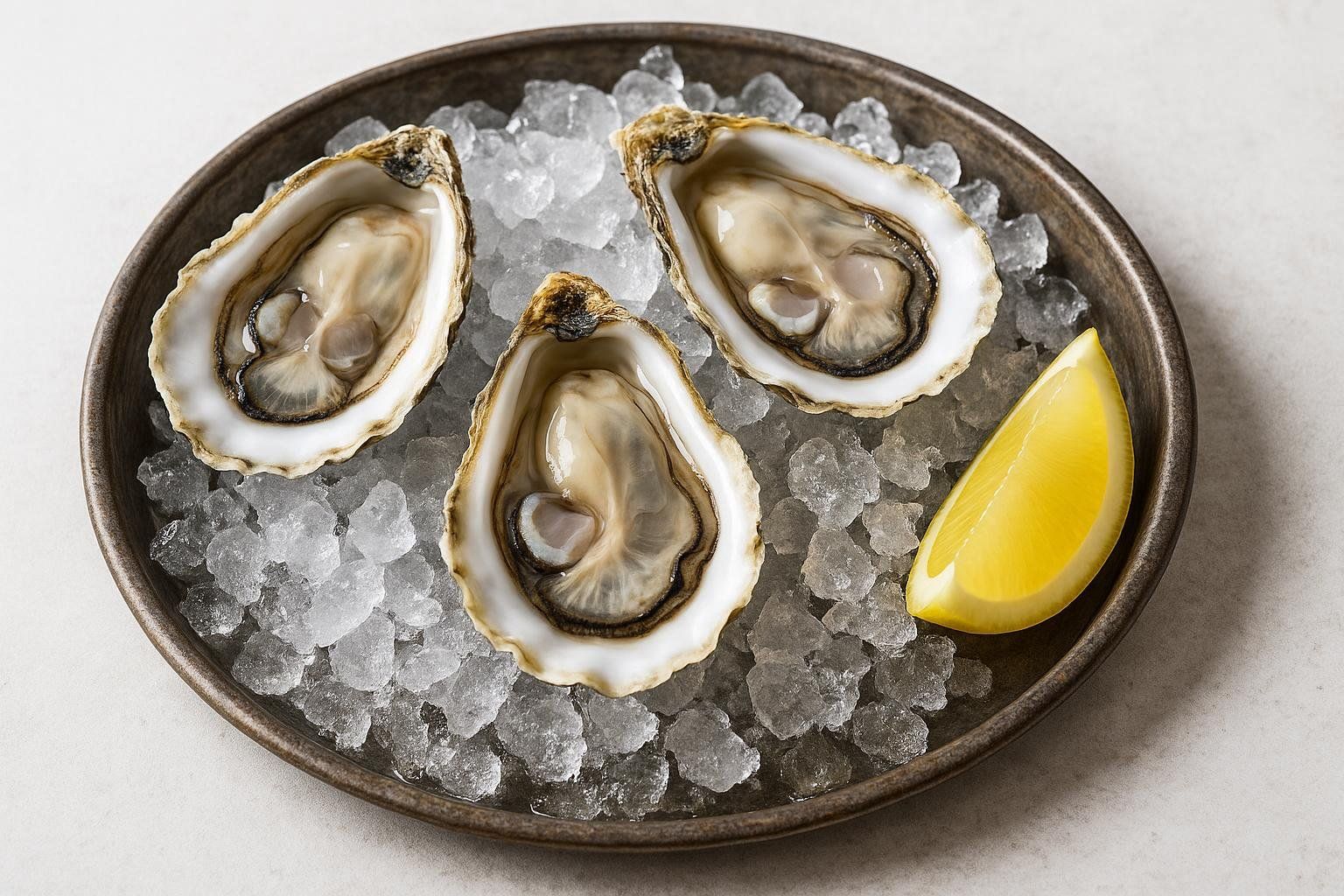 Three fresh oysters in their shells are arranged on a bed of crushed ice, accompanied by a bright yellow lemon wedge, on a dark serving plate.