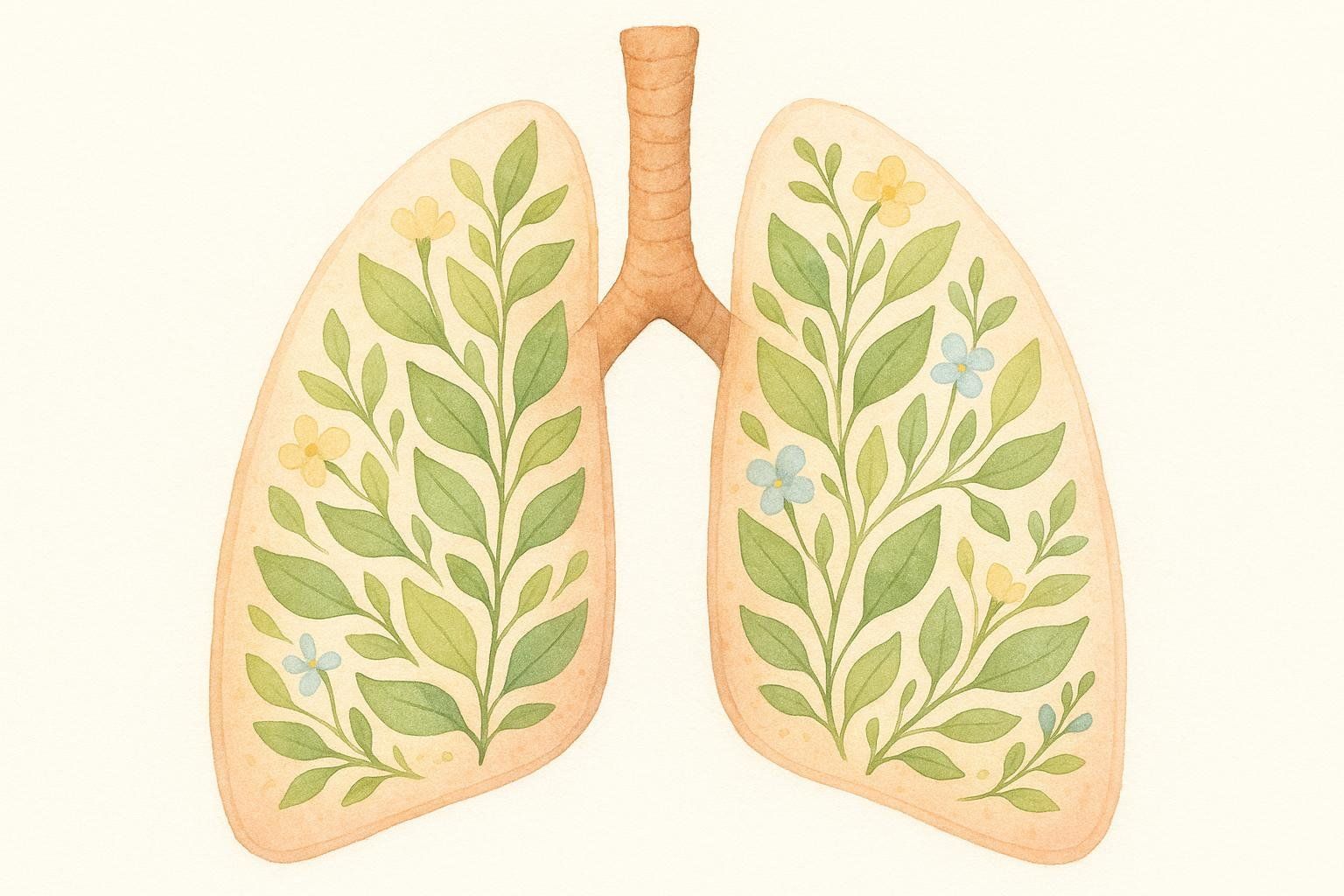 A watercolor illustration depicting human lungs filled with green leaves and small yellow and blue flowers, connected by a central trachea-like structure. The overall impression is light, natural, and artistic.