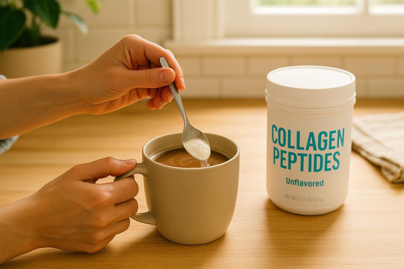 A person's hands add a spoonful of white collagen peptide powder to a mug of coffee on a wooden table, next to a container of 'COLLAGEN PEPTIDES Unflavored'.