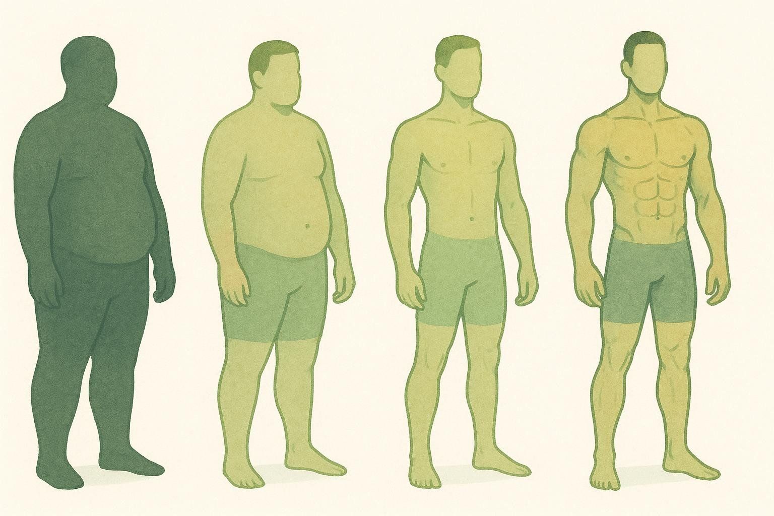 A four-panel illustration showing a male body transitioning from obese to overweight, then to a leaner figure, and finally to a muscular physique with a six-pack. Each stage is depicted as a distinct outline against a neutral background.