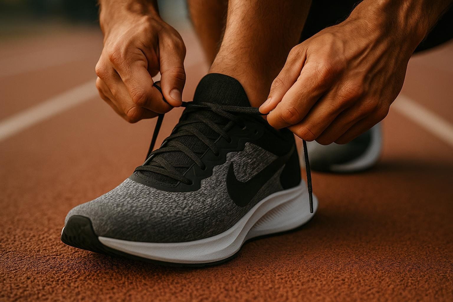 Close-up shot of an athlete's hands tying the laces of a grey and black Nike running shoe on a reddish-brown track.