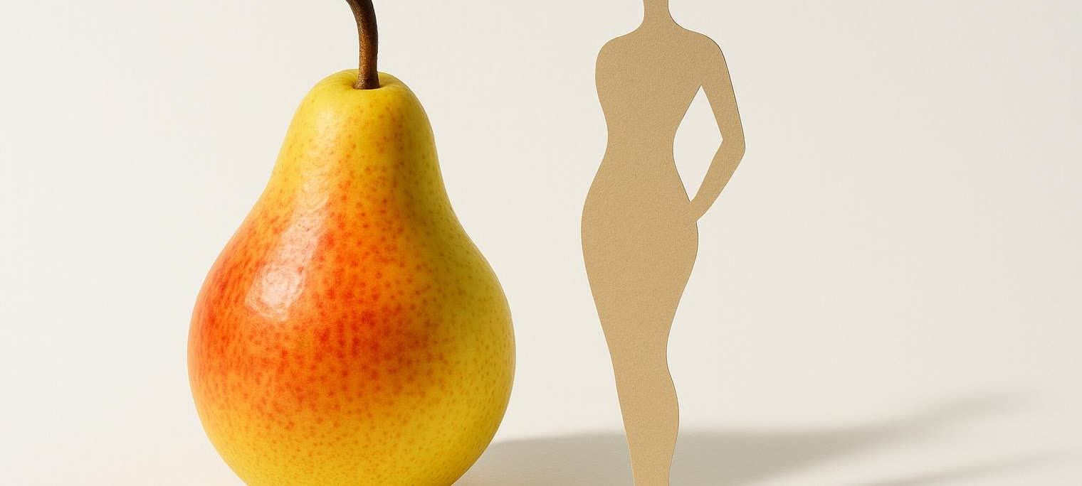 A vibrant pear stands next to a cutout silhouette of a human figure, suggesting a healthy shape.