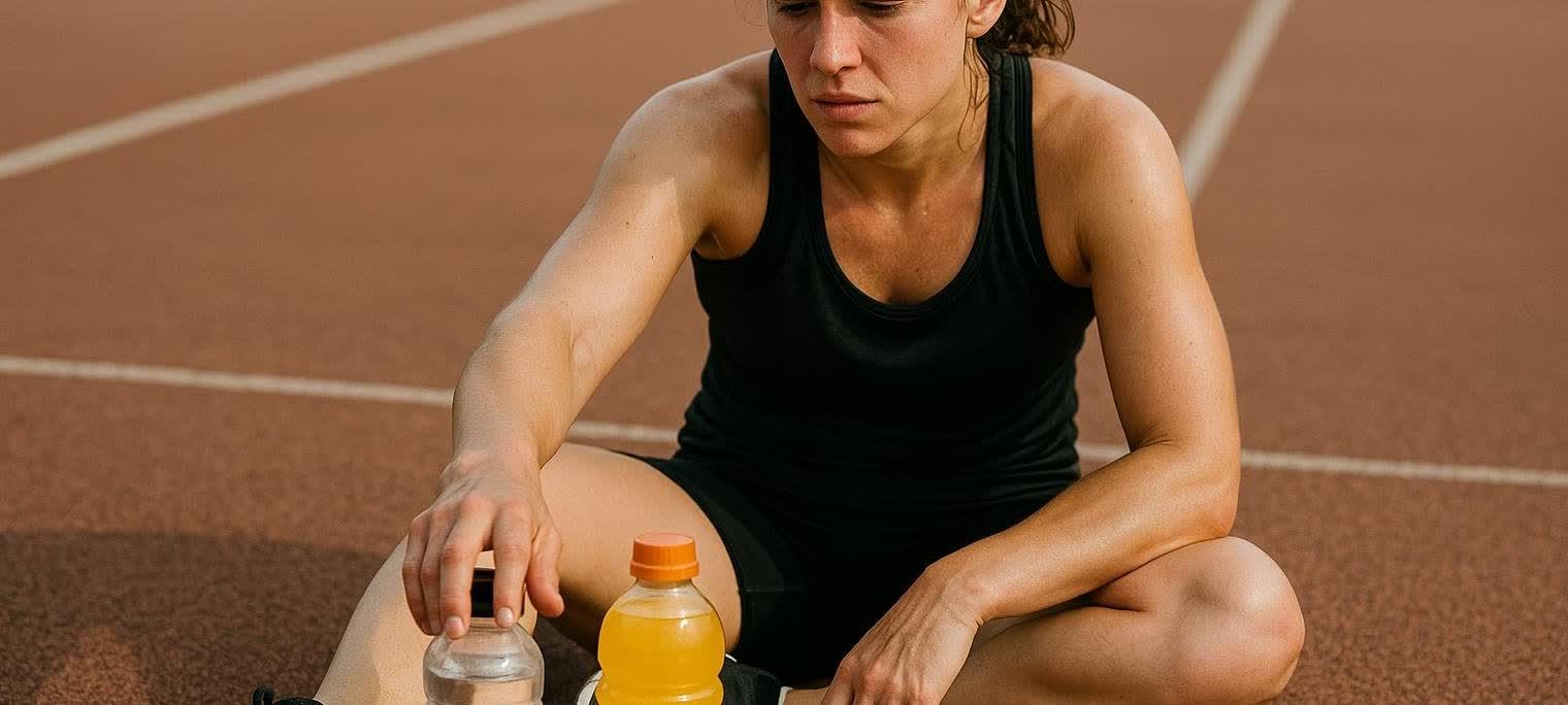 An athlete, dressed in black workout gear, sits on a running track and reaches for a clear bottle of water, choosing it over a nearby bottle of orange sports drink.