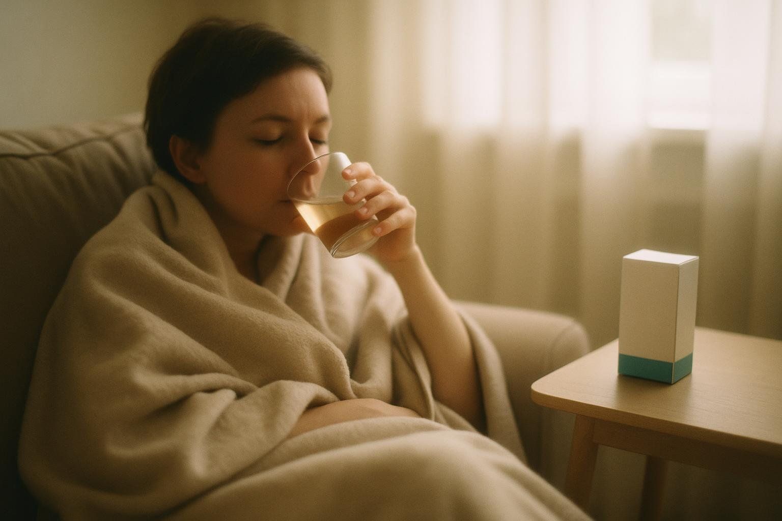 A person, eyes closed, wrapped in a beige blanket on a couch, slowly sips from a glass. A white box with a blue base rests on a small wooden table next to them, indicating a period of rest or recuperation.