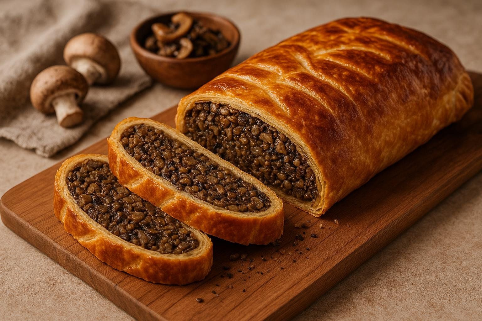 A golden-crusted vegan mushroom wellington, partially sliced to reveal a rich, savory filling. It sits on a wooden cutting board with fresh mushrooms and a bowl of mixed mushrooms in the background.