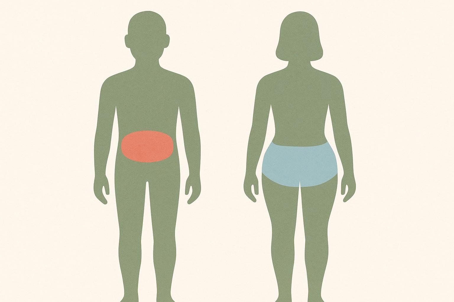 An illustration comparing the android (apple) body shape with fat highlighted around the waist for a male figure, to the gynoid (pear) shape with fat highlighted around the hips for a female figure.