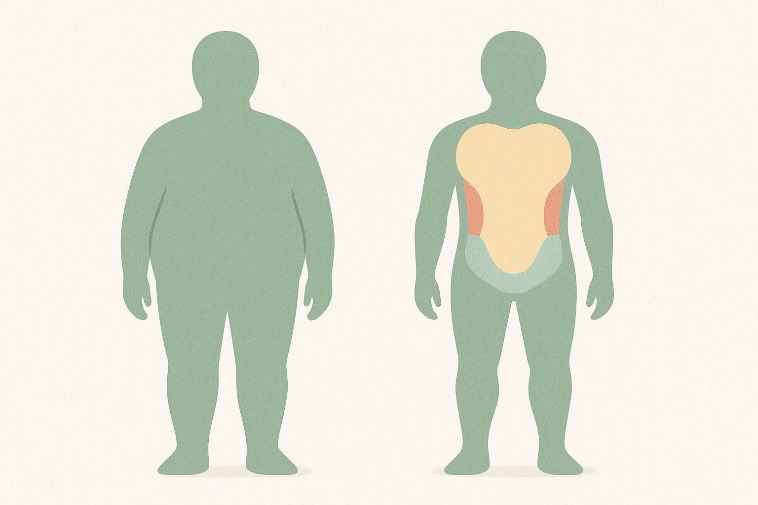 Stylized silhouettes comparing body composition before and after. The figure on the left shows excess body fat, and the figure on the right shows reduced fat with highlighted core muscles.