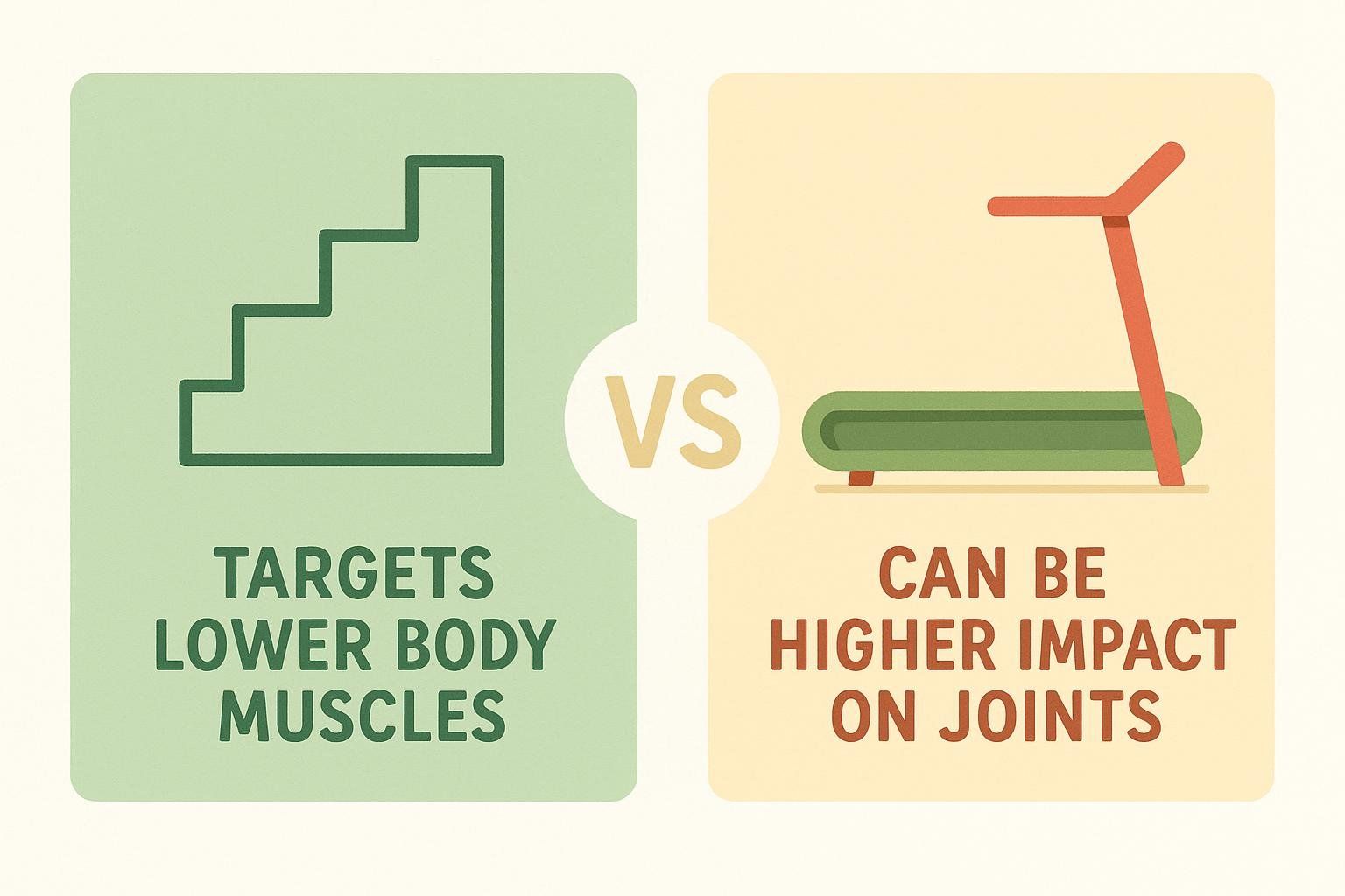 An illustration comparing the StairMaster, emphasizing muscle work, versus the treadmill, emphasizing potential joint impact.